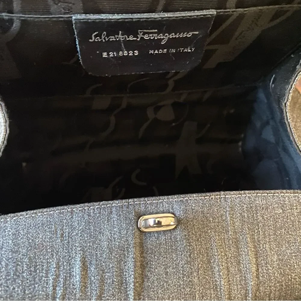 Salvatore Ferragamo Steel Grey/Blue Fabric Shoulder Bag Silver Chrome Hardware V